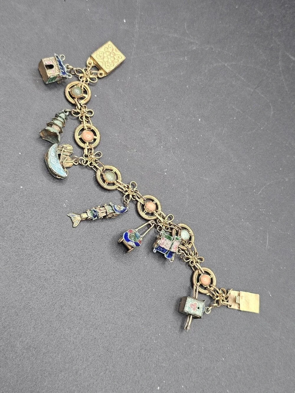 CHINESE EXPORT VINTAGE Brass Charm Bracelet Articulated Moving Fish Enamel 1930s